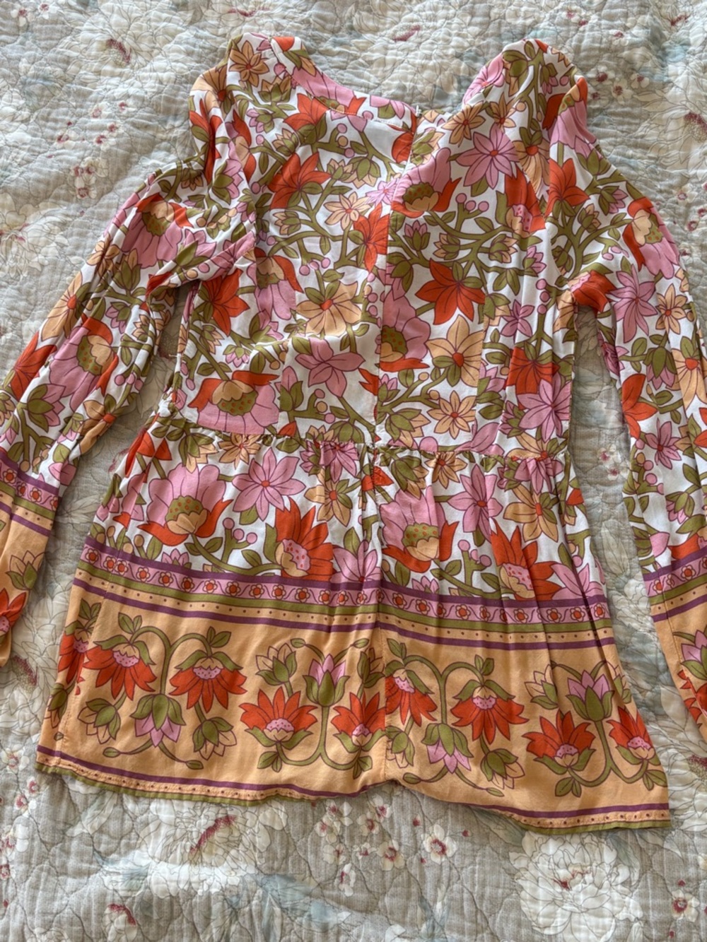 mittoshop Floral V-Neck Long-Sleeve Blouse in Pink, Orange & Tan - Picture 5 of 8